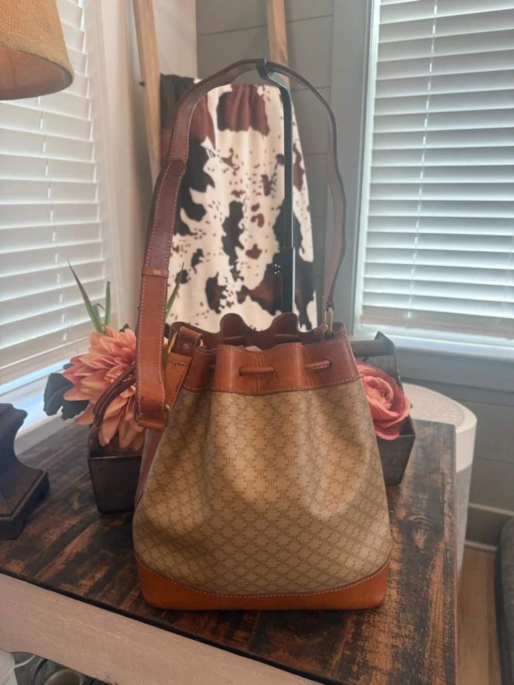 Celine Beige & Brown Canvas Bucket Shoulder Bag - Picture 5 of 12
